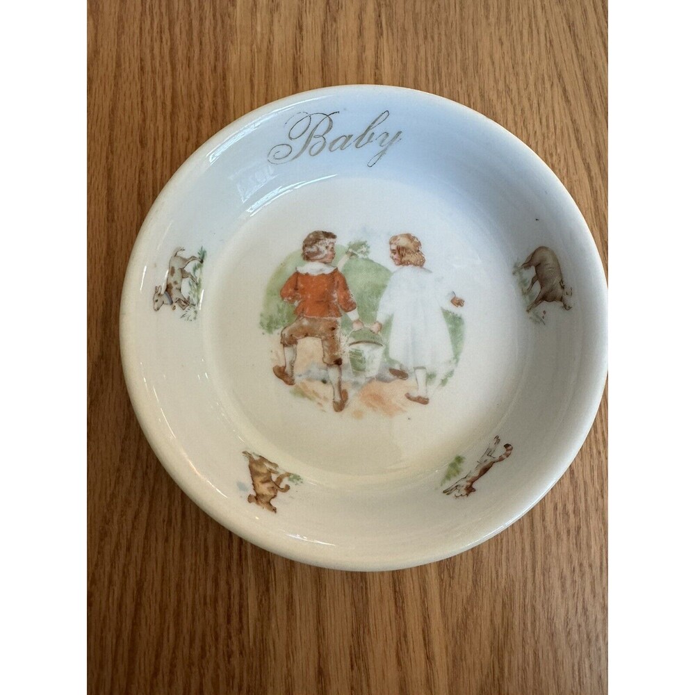 Antique German Baby Cereal Bowl with Jack & Jill,‎ Vintage Porcelain Ceramic